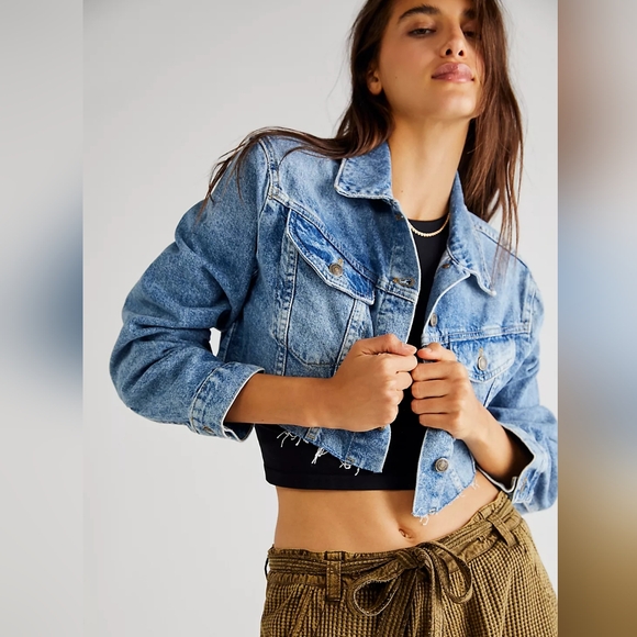 Free People Ollie Femme Denim Trucker Jacket in Aged Stone - Picture 1 of 15
